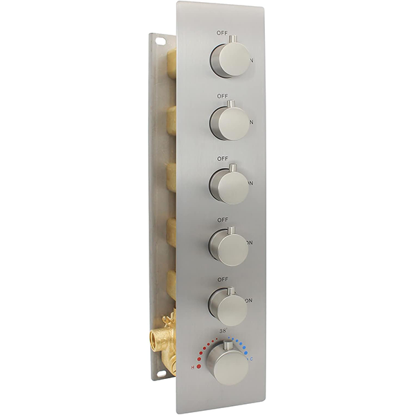 HOMEDEC 5-Function Brass Thermostatic Shower Valve Kit Can Run at Same Time, Concealed Water Diverter with 6 Round Handles Knobs Valve, Brushed Nickel