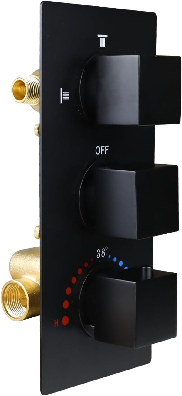 HOMEDEC Brass 3 Way Shower Diverter Valve, Thermostatic 3 Handle Control Shower Mixing Valve Trim Kit Replacement, Rough In, Black