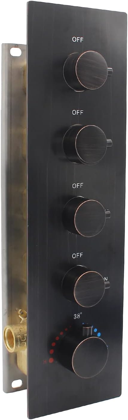 Oil Rubbed Bronze Brass 4 Way Shower Valve and Trim Kit, HOMEDEC Thermostatic Shower Mixer Diverter Valve Modern Bathroom Faucet Valve Replacement, Water Inlet 3/4"(Vertical installation, 5 Handles)