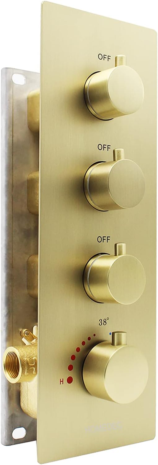 HOMEDEC 3 Function Shower Mixing Valve and Trim Kit, Brushed Gold 3 Ways Thermostatic Valve Flow Volume Control Vertical Shower Diverter Selector