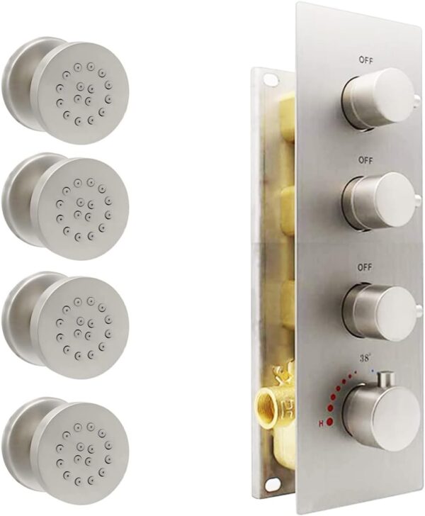 3-Outlet Thermostatic Shower Diverter Mixer Valve and 4 Round Shower Body Spray Brass Massage Jet (Brushed Nickel)
