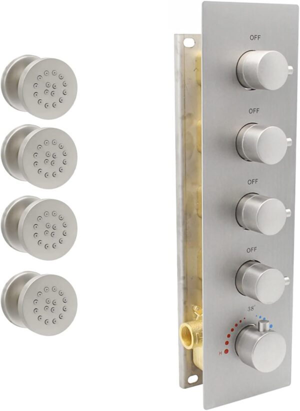 4-Outlet Thermostatic Shower Diverter Mixer Valve and 4 Round Shower Body Spray Brass Massage Jet (Brushed Nickel)
