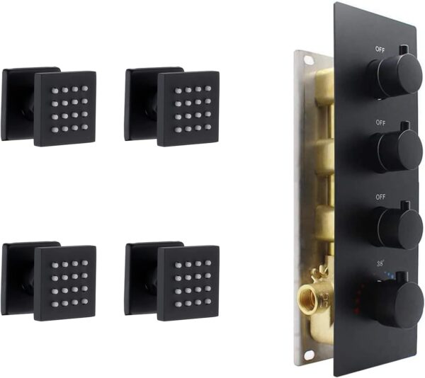 4 Handles Thermostatic Mixer Shower Valve and 4 Pcs Shower Body Spray Brass Wall Jet (Matte Black)