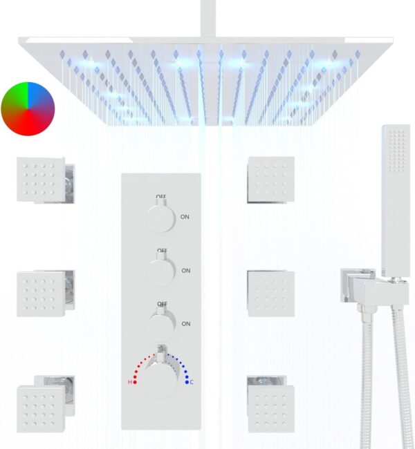 HOMEDEC 6 Jets Full Body Shower System with 16inch LED Rain Shower, Luxury Brass Thermostatic Shower Faucets Complete Set, Can Use 2 Functions Once, Ceiling Mounted