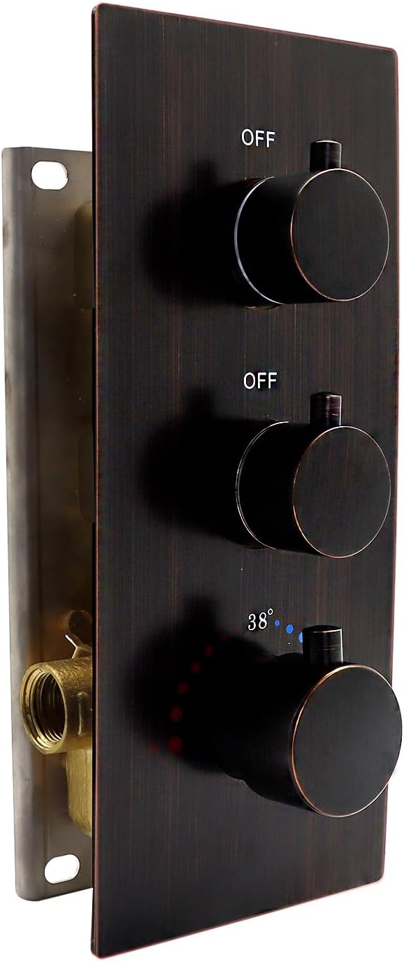 2 Way Shower Diverter Valve Brass Dual Functions Thermostatic Shower Mixing Valve Kit 3 Handle Flow Control Valve, 3/4 Inch Inlet, Can Run Simultaneously, Oil Rubbed Bronze