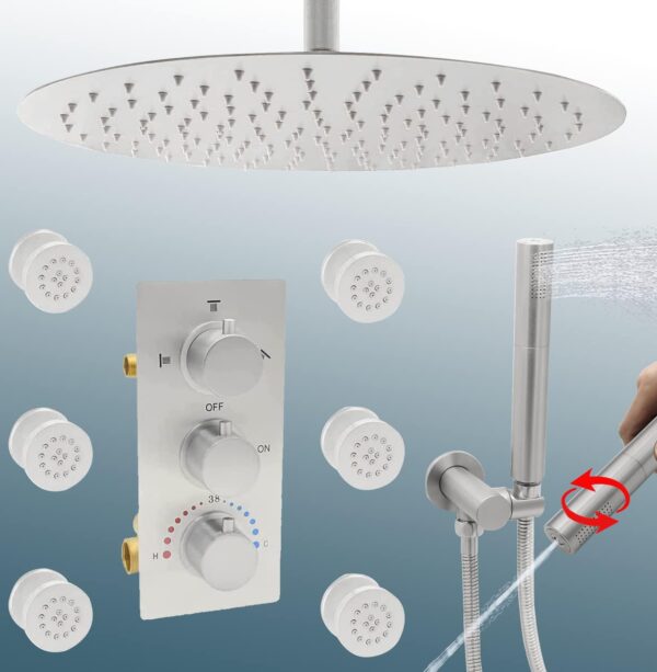 HOMEDEC Brushed Nickel Round Rain Shower System with Body Jets, 16inch Rain Shower Full Body Spray System with Dual Modes Handshower and Thermostatic Valve