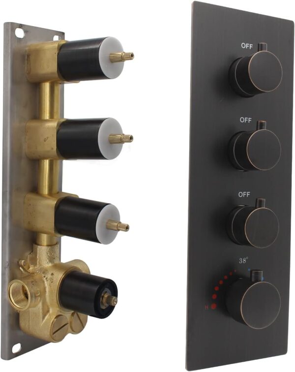 HOMEDEC Oil Rubbed Bronze 3 Way Shower Diverter Valve Brass Three Functions Thermostatic Shower Mixing Valve Kit 3 Handle Flow Control Valve