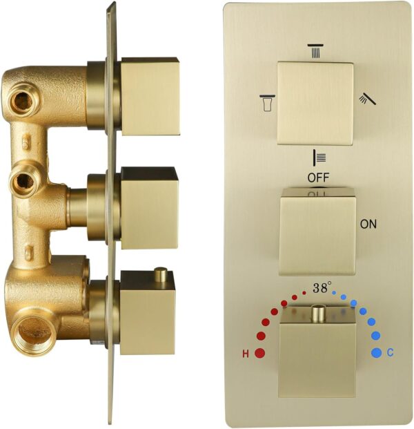 Brushed Gold 4 Ways Shower Diverter Valve, HOMEDEC Thermostatic 4 Outlets 3 Handles Control Shower Mixing Valve Trim Kit Replacement Brass, 3/4inch Rough In