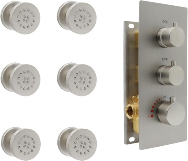 HOMEDEC 2inch Round Brass Shower Jet(6pcs) + 2 Way Shower Diverter Valve, Brushed Nickel