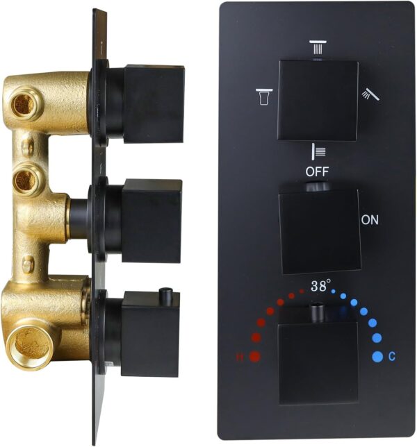 HOMEDEC Solid Brass 4 Ways Shower Diverter Valve, Thermostatic 3 Handles Control Shower Mixing Valve Trim Kit Rough In Valve Replacement, Matte Black