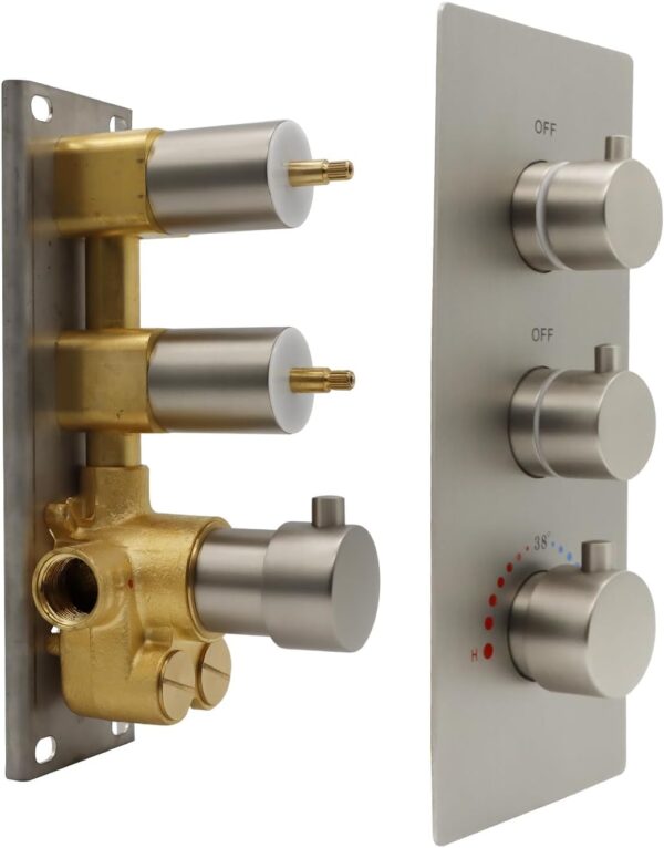HOMEDEC Brushed Nickel 2 Way Shower Diverter Valve, Brass Dual Functions Thermostatic Shower Mixing Valve Kit 3 Handle Flow Control Valve, 3/4 Inch Inlet, Can Run Simultaneously