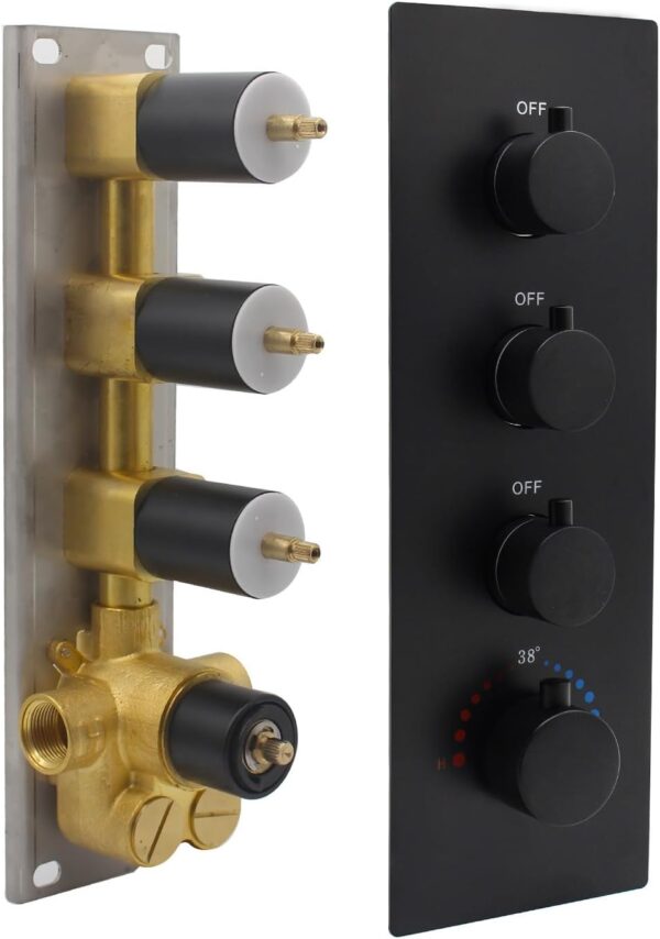 HOMEDEC 3 Way Shower Diverter Valve, Matte Black 3 Function Thermostatic Mixer Brass Valve, Individual On Off Flow Control