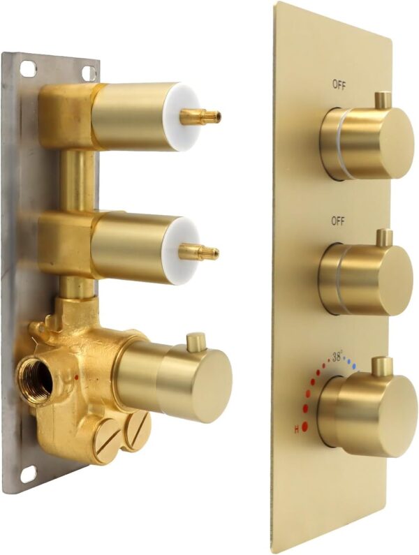 HOMEDEC 2 Way Shower Diverter Valve, Brass Dual Functions Thermostatic Shower Mixing Valve Kit 3 Handle Flow Control Valve, 3/4 Inch Inlet, Can Run Simultaneously(Brushed Gold)