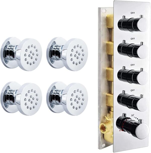4-Outlet Thermostatic Shower Diverter Mixer Valve and 4 Round Shower Body Spray Brass Massage Jet (Chrome)