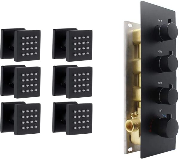 4 Handles Thermostatic Mixer Shower Valve and 6 Pcs Shower Body Spray Showerhead Brass Wall Jet (Matte Black)