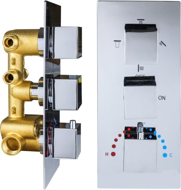 HOMEDEC Brass 4 Ways Shower Diverter Valve, Thermostatic 4 Outlets 3 Handles Control Shower Mixing Valve Trim Kit Replacement, Rough In, Chrome