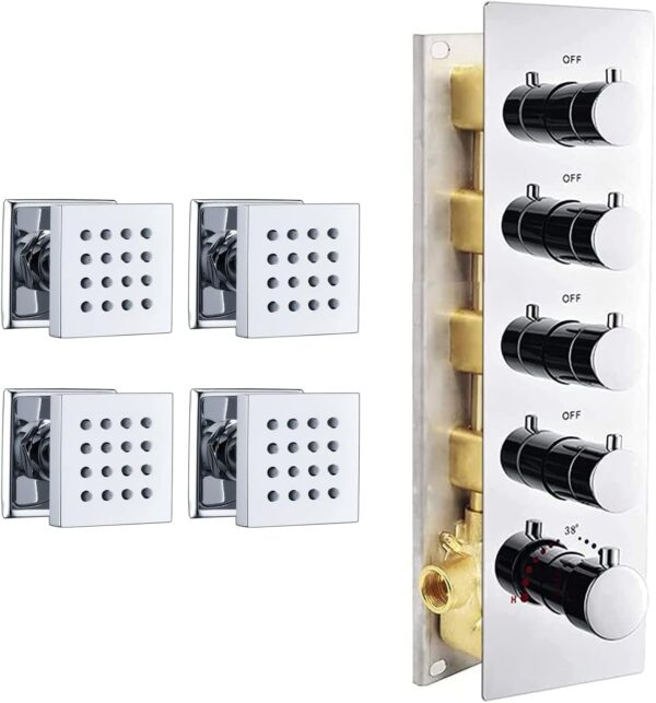 5 Handles Thermostatic Mixer Shower Valve and 4 Pcs Shower Body Spray Showerhead Brass Wall Jet (chrome)