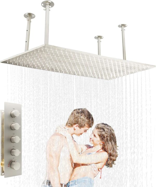 HOMEDEC 16x32inch Ceiling Mount Rectangle Rainfall Shower Head + 4-Function Shower Diverter Valve, Brushed Nickel