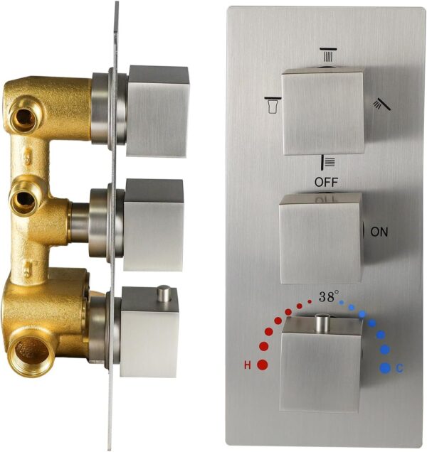 Solid Brass 4 Outlets Shower Diverter Valve, HOMEDEC Thermostatic 4 Ways 3 Handles Control Shower Mixing Valve Trim Kit Rough In Valve Replacement, Brushed Nickel