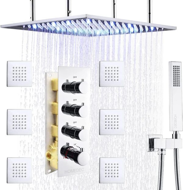 HOMEDEC Rain Shower System with Body Jets Sprays - Can Run at Same Time, 20Inch Led Rainfall Shower Full Body Massage Thermostatic Faucet Sets Complete in Chrome