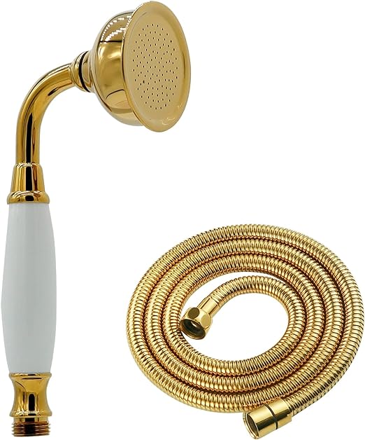 HOMEDEC Traditional Telephone Style Brass Handheld Showerhead with 59inch Hose Gold Finish - Antique Shower Head Replacement No Wand Holder, Vintage Hand Shower Spray with Ceramic Handle