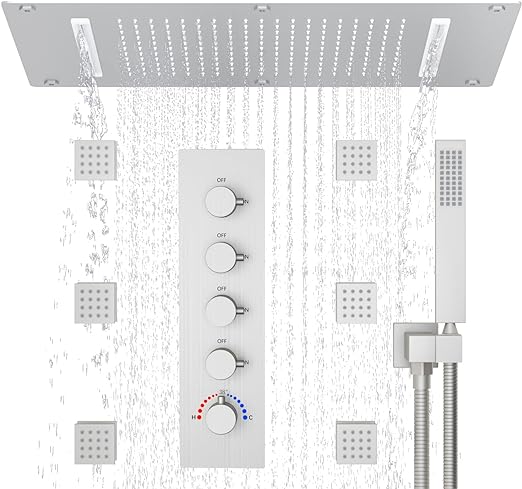 HOMEDEC Brushed Nickel Shower Faucets Sets Complete, Homedec 27.56inch Multifunctional Shower System with Rough In Diverter Valve and 2 in 1 Large Shower Head and 6 Pcs Body Jets, Can Use at Same Time