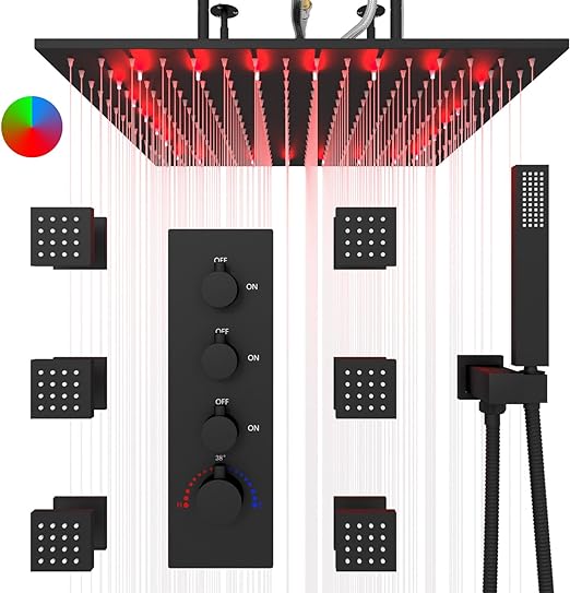 HOMEDEC Matte Black 20inch LED Rain Shower System with Body Jets, Luxury Brass Shower Faucets Sets Complete with Rough-in 3 Way Thermostatic Valve