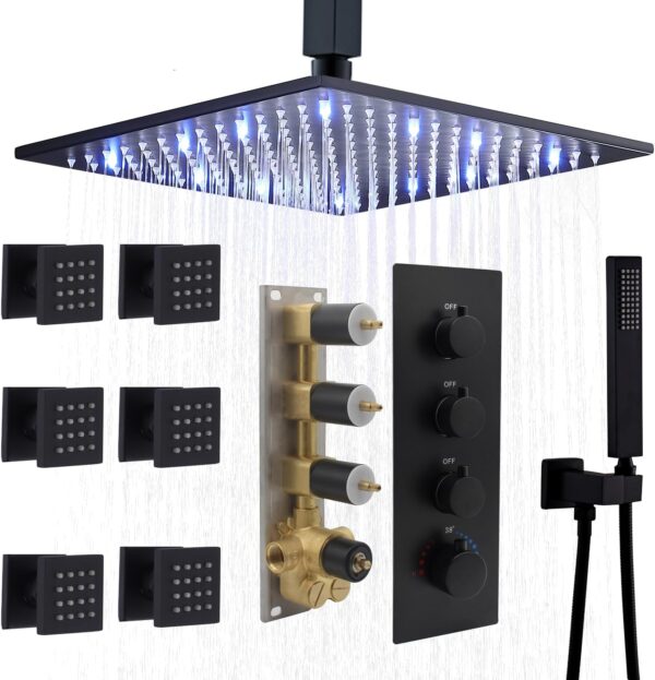 HOMEDEC 12inch Rain Shower System with Full Body Jets Sprays, Ceiling LED Brass Shower Faucet Set with 3 Functions Thermostatic Valve, Can Use All Function At Once