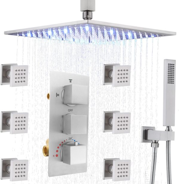 HOMEDEC Rain Multi Shower Head System with Body Jets, Thermostatic Full Body Spray Shower Faucet Set, Brushed Nickel 12inch LED Rainfall Shower Faucet