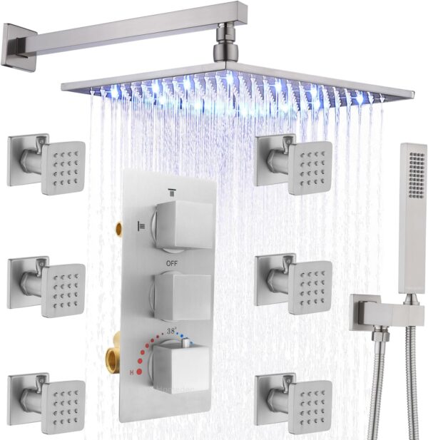 Rain Shower Body Jets Spray System (Flow Adjustable), HOMEDEC 12inch LED Rainfall Shower Head with High Pressure Handheld Shower Combo Set, Brushed Nickel