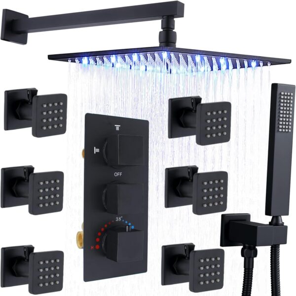 HOMEDEC Matte Black 12inch LED Rain Shower Jet System, Body Jet Spray with ON-OFF Switch, Thermostatic Shower Faucets Sets Complete with Rough-in Mixer Valve