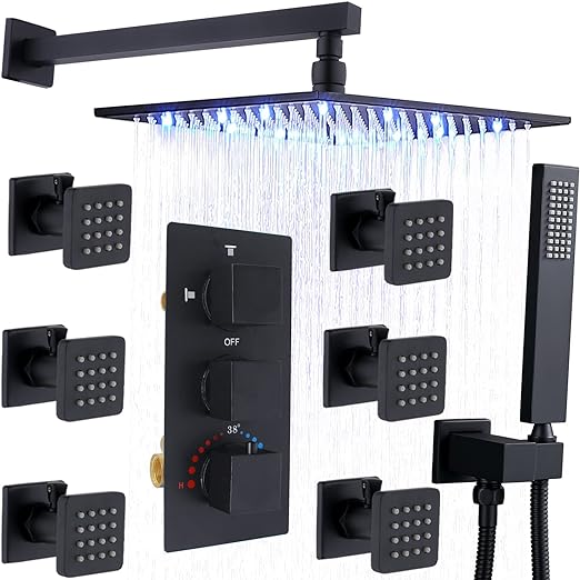 HOMEDEC Matte Black 12inch LED Rain Shower Jet System, Body Jet Spray with ON-OFF Switch, Thermostatic Shower Faucets Sets Complete with Rough-in Mixer Valve