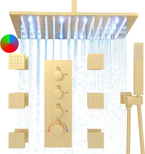 HOMEDEC Luxury Brushed Gold 16inch Shower System with Body Jets, Rainfall Shower Faucet Set with 6pcs Full Body Spray Jets, Ceiling LED Rain Showerhead and Thermostatic Diverter Valve