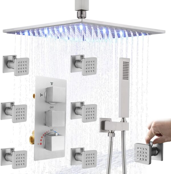 HOMEDEC Brushed Nickel 16inch Ceiling Shower System with ON-OFF Switch Full Body Shower Jets, LED Rain Shower Full Body Spray Faucet Combo Set with Multi Functions Shower Valve