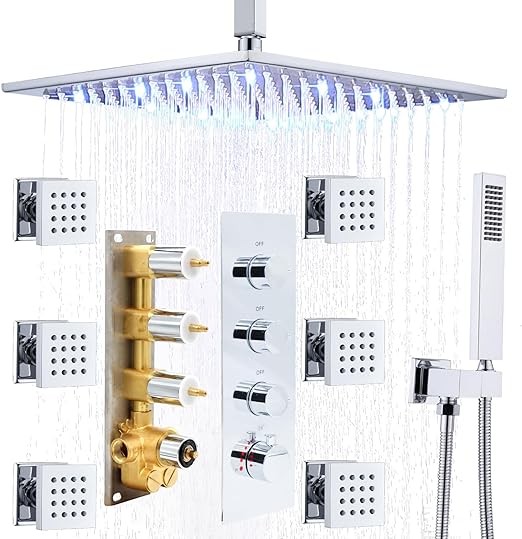 HOMEDEC Ceiling Rain Thermostatic Shower System with Body Spray Jets, 12inch Shower Faucet Set and Handheld Sprayer, Use All Functions At A time, Chrome