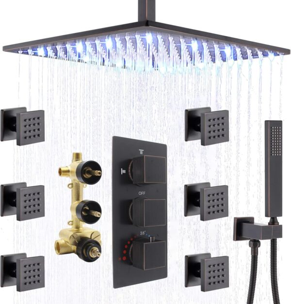 HOMEDEC Oil Rubbed Bronze Rain Shower System - 12 Inch LED Ceiling Rainfall Shower with Body Spray Jet and Hand-held, Thermostatic Shower Faucet Complete Set Brass Valve Included