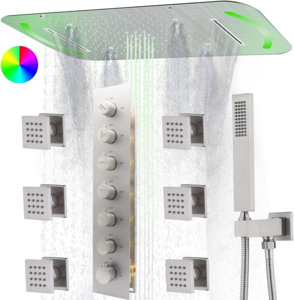 HOMEDEC 4 Functions LED Shower Head System with Rain Shower and 6pcs Body Jet Spray, 27.95inch Rainfall Shower Faucet Set Complete with 6 Way Thermostatic Shower Valve Kit, Brushed Nickel