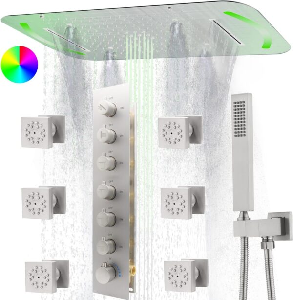 HOMEDEC LED 17x28inch Multi Function Shower System with 6 Pcs 2-Function Shower Body Jets Sprays, Luxury Ceiling Rainfall Mist Shower Faucet Set Complete, Brushed Nickel