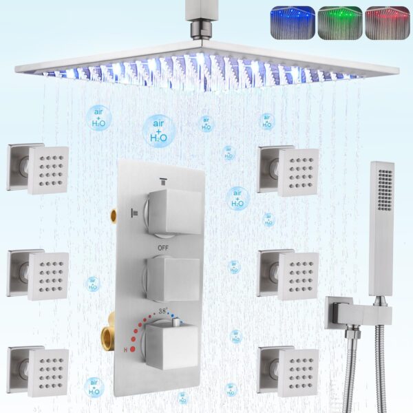 HOMEDEC Rain Shower System with Body Jets, 12inch Thermostatic Full Body Spray Shower Faucet Set, Brushed Nickel