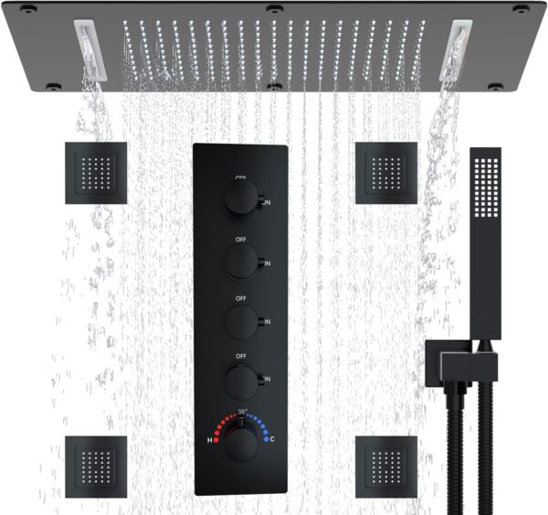 Matte Black Full Body Shower System with 14.96 x 27.56inch Rainfall Waterfall 2 In 1 Shower Head with 4pcs Adjustable Large Body Jet with High-Pressure Handheld Sprayer