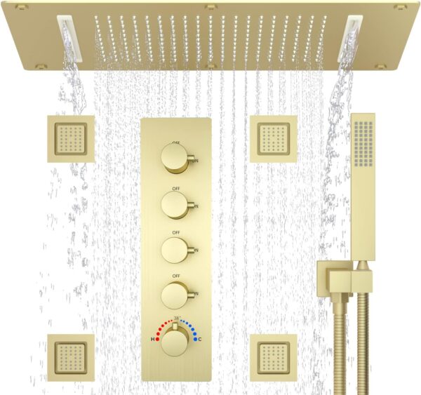 Full Body Shower System with 14.96 x 27.56inch 2 In 1 Functions Rain Shower Head with 4pcs Adjustable Large Body Jet with High-Pressure Handheld Sprayer, Brushed Gold