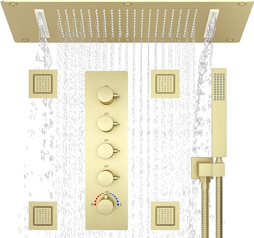 Full Body Shower System with 14.96 x 27.56inch 2 In 1 Functions Rain Shower Head with 4pcs Adjustable Large Body Jet with High-Pressure Handheld Sprayer, Brushed Gold
