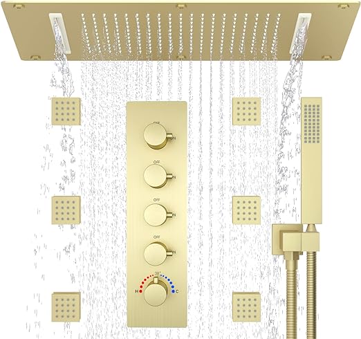 HOMEDEC Thermostatic Rain Waterfall Shower System with Body Spray Jets Ceiling Brushed Gold Shower Faucet Set Complete with Valve Can Use All Function At Once