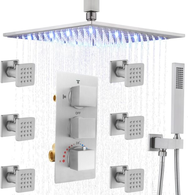 HOMEDEC Brushed Nickel Ceiling Rain Shower Jets System Flow Adjustable, 12inch LED Thermostatic Shower System Combo Set with Body Sprays and Handheld, And 6pcs On/off Switch Shower Jets