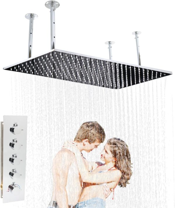 HOMEDEC 16x32inch Ceiling Mount Rectangle Rainfall Shower Head + Thermostatic Shower Diverter Mixer Valve, Chrome