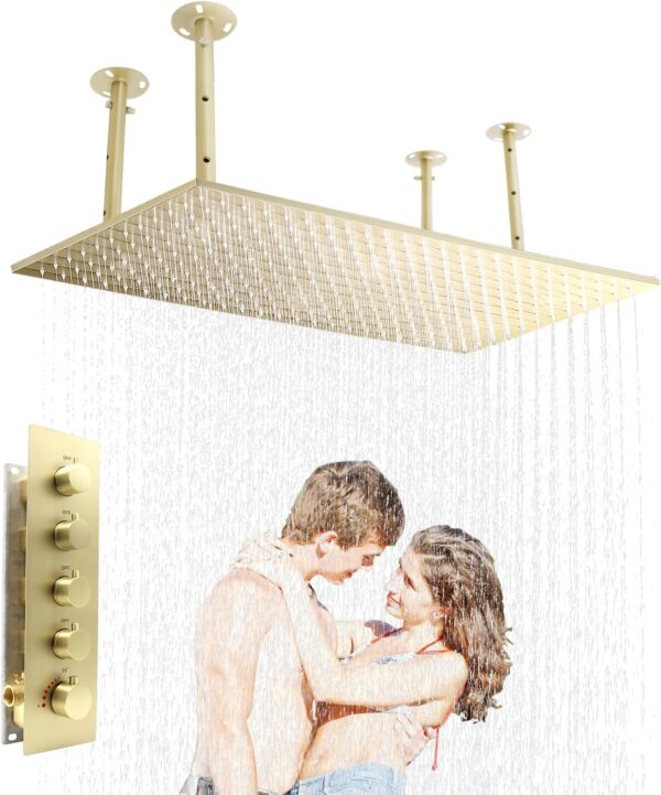 HOMEDEC 16x32inch Ceiling Mount Rectangle Rainfall Shower Head + Thermostatic Shower Diverter Mixer Valve, Brushed Gold