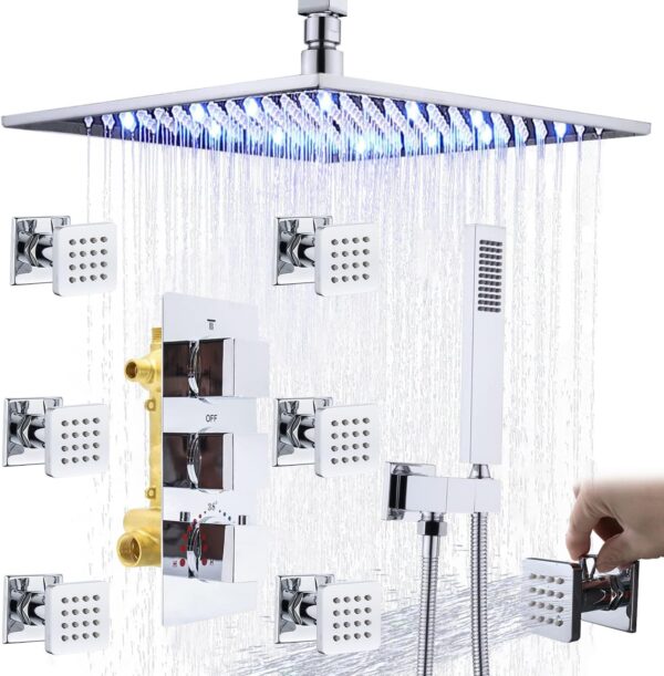 HOMEDEC (Upgrade) Shower Body Sprays System, 16Inch Ceiling LED Rain Shower Thermostatic Faucet Set, Body Jets with Flow Adjust Switch, Chrome