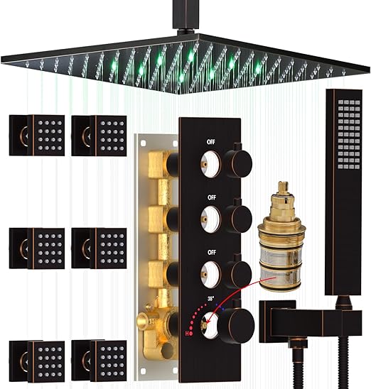 HOMEDEC Oil Rubbed Bronze Brass Shower Faucet Set Complete, 16inch LED Ceiling Shower Head System and Body Jets with Thermostatic Valve Trim Kit, Can Use Together