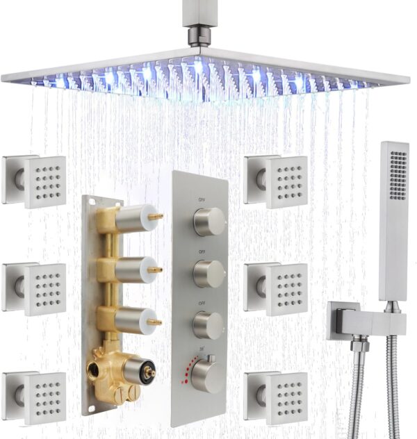 HOMEDEC 12 Inch Luxury LED Rainfall Shower Heads System in Brushed Nickel with Body Spray Brass Faucet Combo Set, Large Flow, Can Use All Functions At a Time