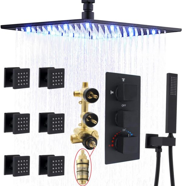HOMEDEC 16inch Full Body Shower System with 6pcs Massage Body Jets, Matte Black Rain Shower Thermostatic Brass Faucets Complete Set, Ceiling Mounted